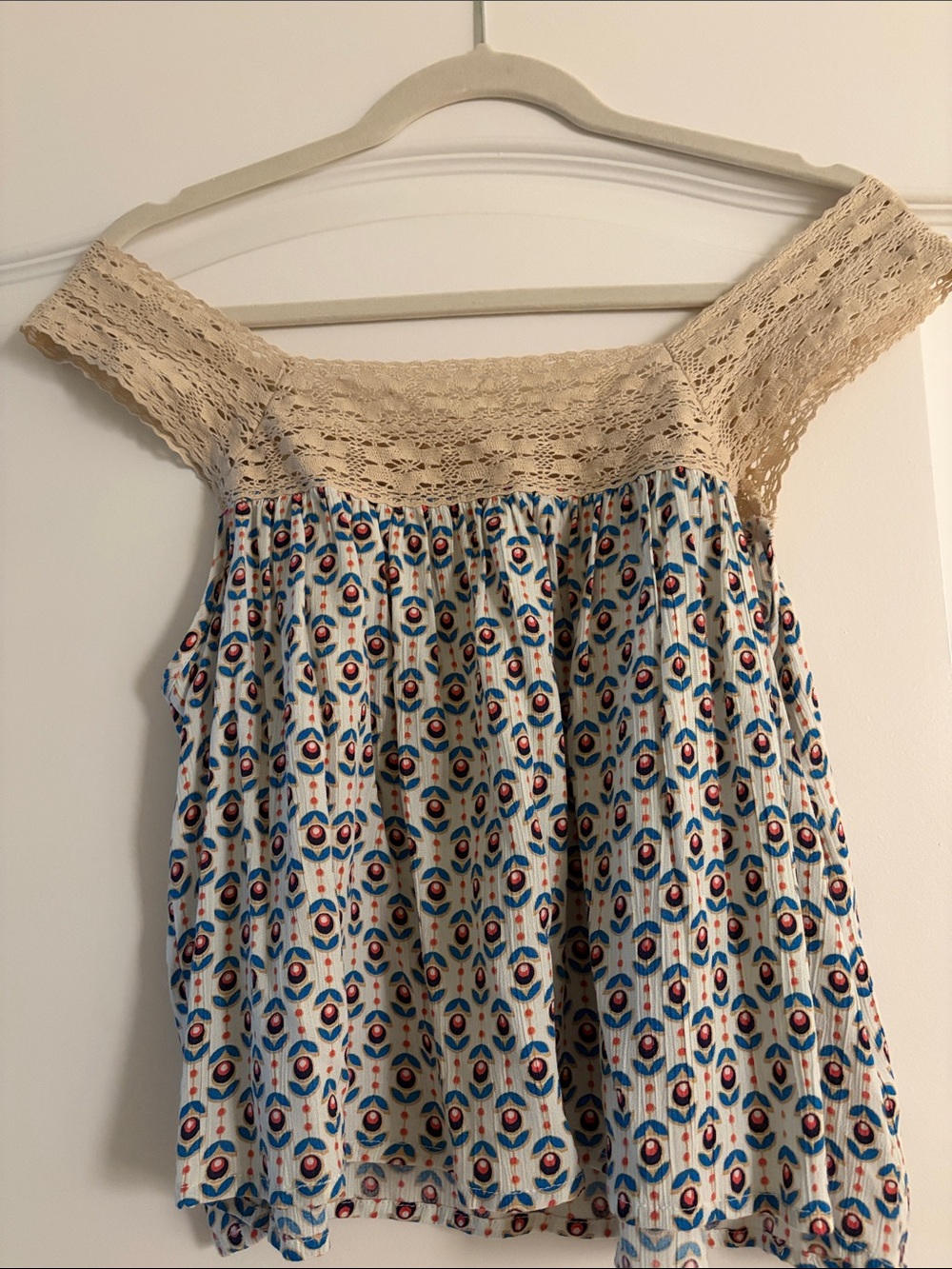 Boho Off-Shoulder Tunic with Beige Lace and Blue Floral Print